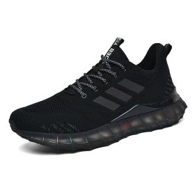 Popular men's breathable flying woven sneakers casual mesh shoes Popcorn sole running shoes 39-44 (Color: Black, size: 44)