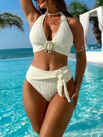 Ladies' white split beach bikini swimwear with shell embellishment, elegant and sexy (size: XL)