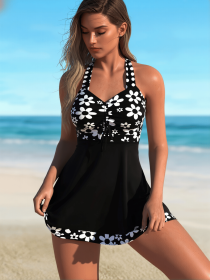 Plus Size Women's Printed Tankini, Two-Piece Vest Style Bikini with Boyshorts, European & American Cross-border Swimwear (Color: Black, size: S)