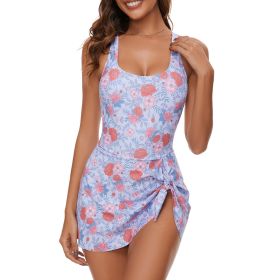 Printed girls' skirt style one-piece swimsuit covers the belly and makes you look slim and quick drying (size: L)