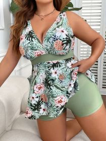 Large size women's swimsuit, green, fresh and fashionable split type Tankini swimsuit (size: 4XL)